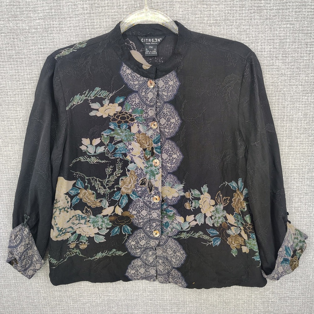 Citron Santa Monica Silk Floral Jacquard Blouse Womens Size PM Black Boho Asian